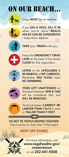 Image of rack card with On Our Beach and Nags Head's beach regulations.