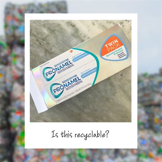 If you ever have any questions about what can or can't be recycled, we are happy to help. This toothpaste package is made of cardboard, but the user wanted to ensure it was recyclable because of the shiny packaging.  You can put this item in the recycling bin for our service areas. The toothpaste tube should go in the waste bin, we do not accept that in our recycling.