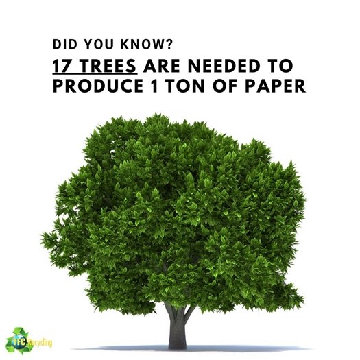 Did you know? On average, our recycling partner, TFC, recycles 98,700 tons of fiber per year, which can be turned into paper.  17 trees are required to produce 1 ton of paper. 98,700 tons of fiber x 17 trees = 1,677,900 trees saved!  Thank you for recycling your paper.