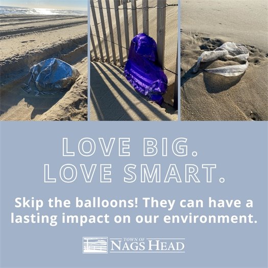 Graphic with three photos of deflated mylar balloons on the beach in Nags Head, NC. 