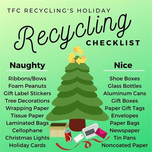 Our recycling "naughty & nice list" is back! Be sure to check it twice before throwing holiday items into the recycling bin. If you have any questions about what to place in your curbside recycling, please ask below. Happy Holidays, and thank you for recycling right!
