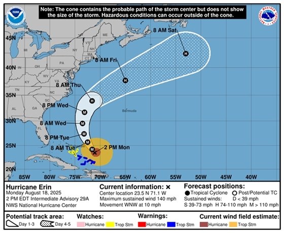 National Hurricane Center Hurricane Erin Update, August 18, 2025, 2 pm