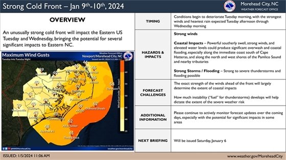 An unusually strong cold front will impact the Eastern US Tuesday and Wednesday, bringing the potential for several significant impacts to Eastern NC.