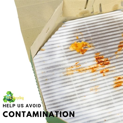 Photo of open and empty, but stained, pizza box and recycling logo.