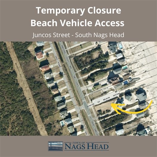 Aerial photo of the Juncos beach access and vehicle drive over with an arrow pointing to it.