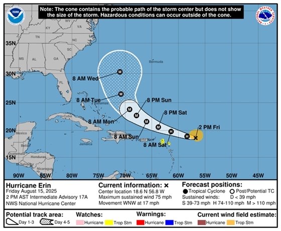 National Hurricane Center Hurricane Erin Update, August 15, 2025, 2 pm